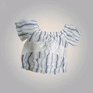 Bershka‎ BSK GIRLS Kids Med Cotton White Blue Striped Peasant Cropped Blouse